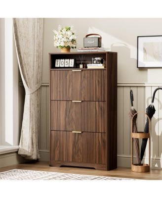 Walnut Shoe Cabinet with 3 Flip Drawers, 31.6" L x 9.6" W x 54.4" H