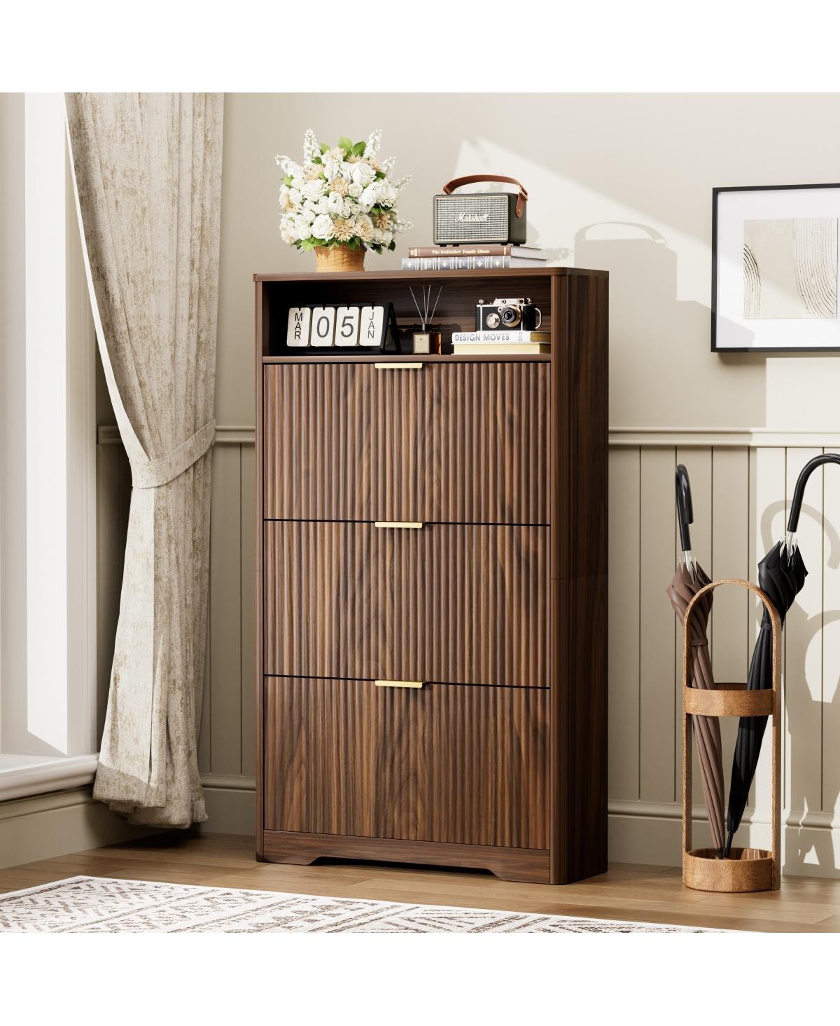 Streamdale Furniture Walnut Shoe Cabinet with 3 Flip Drawers, 31.6" L x 9.6" W x 54.4" H