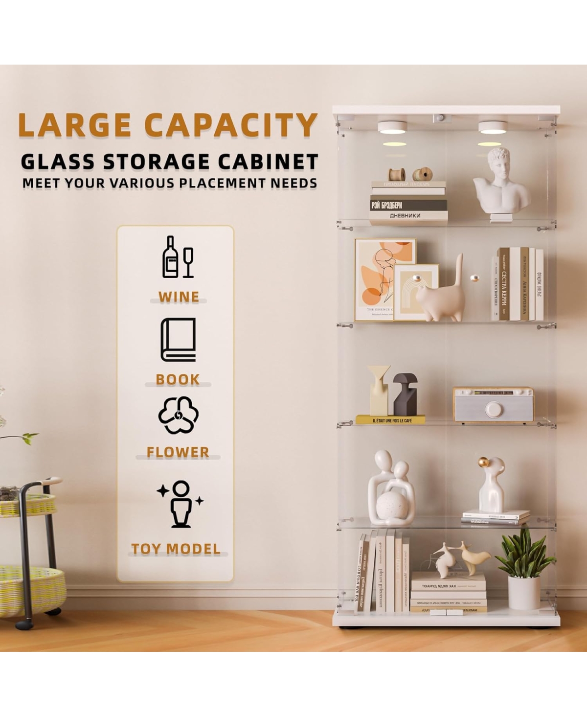 Streamdale Glass Display Cabinet with Led Lights, Locking Door, White