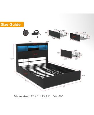 Full Bed Frame with 6 Storage Drawers, Headboard, LED & Charging Station