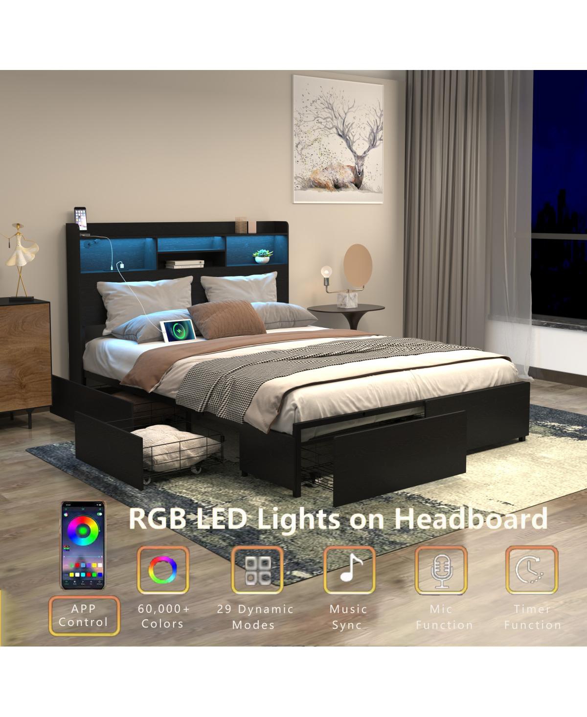 Streamdale Furniture Queen Bed Frame with 6 Storage Drawers, Led, Charging Station, Black