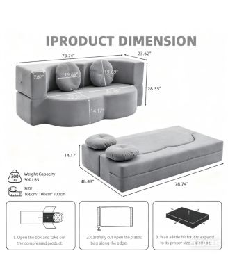 Modern Floor Sofa with 2 Pillows, Convertible Plush Corduroy Sleeper Sofa Bed
