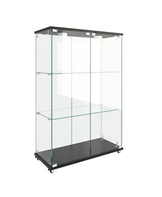Modern LED Glass Display Cabinet, 2-door 3-shelf, Transparent+Black