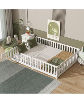 Queen Size Floor Bed with Fence, Door, and Safety Guardrails