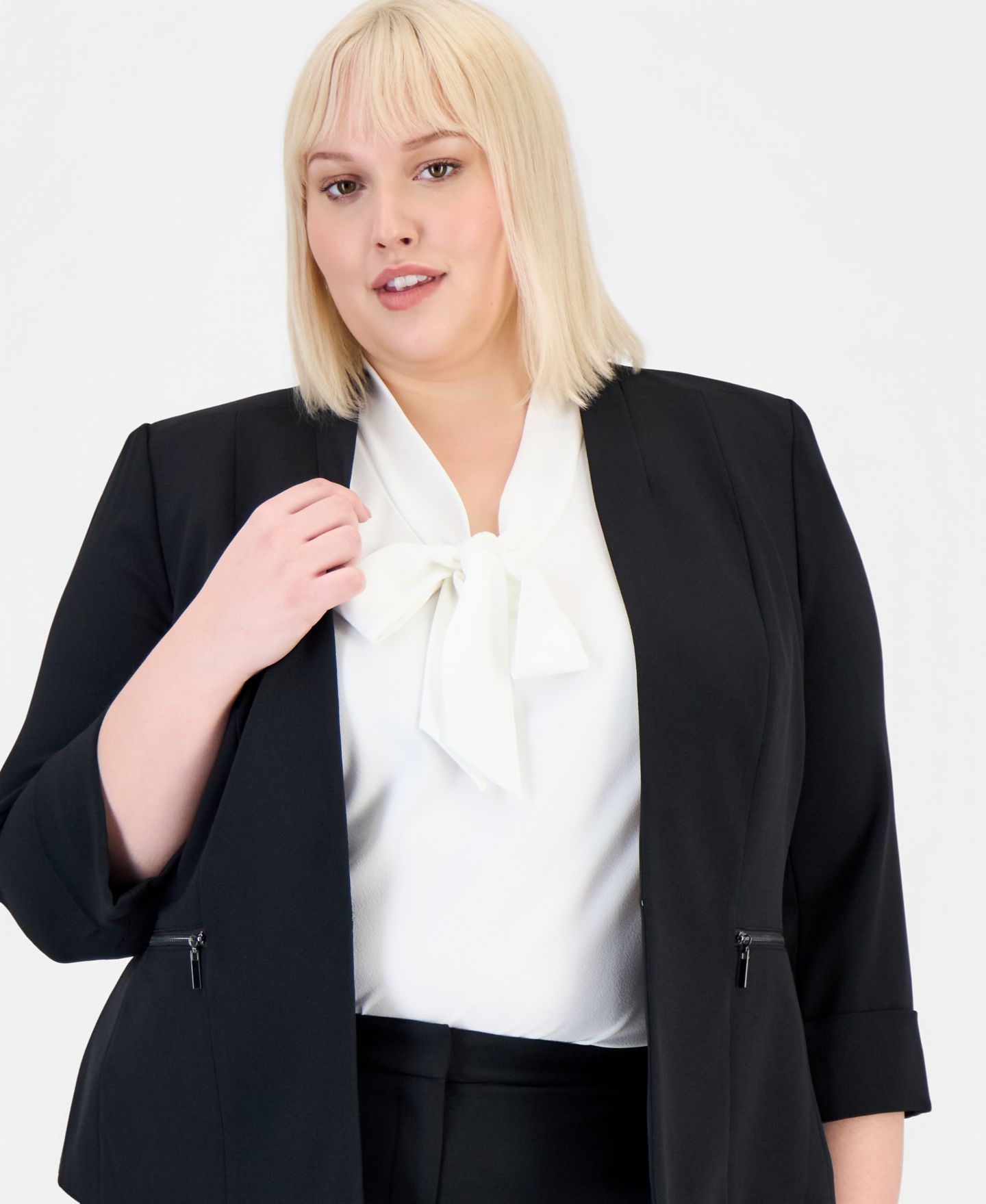 Женский пиджак Kasper Plus Size Stretch Crepe Collarless Open Front Blazer, цвет: Чёрный — фото 3