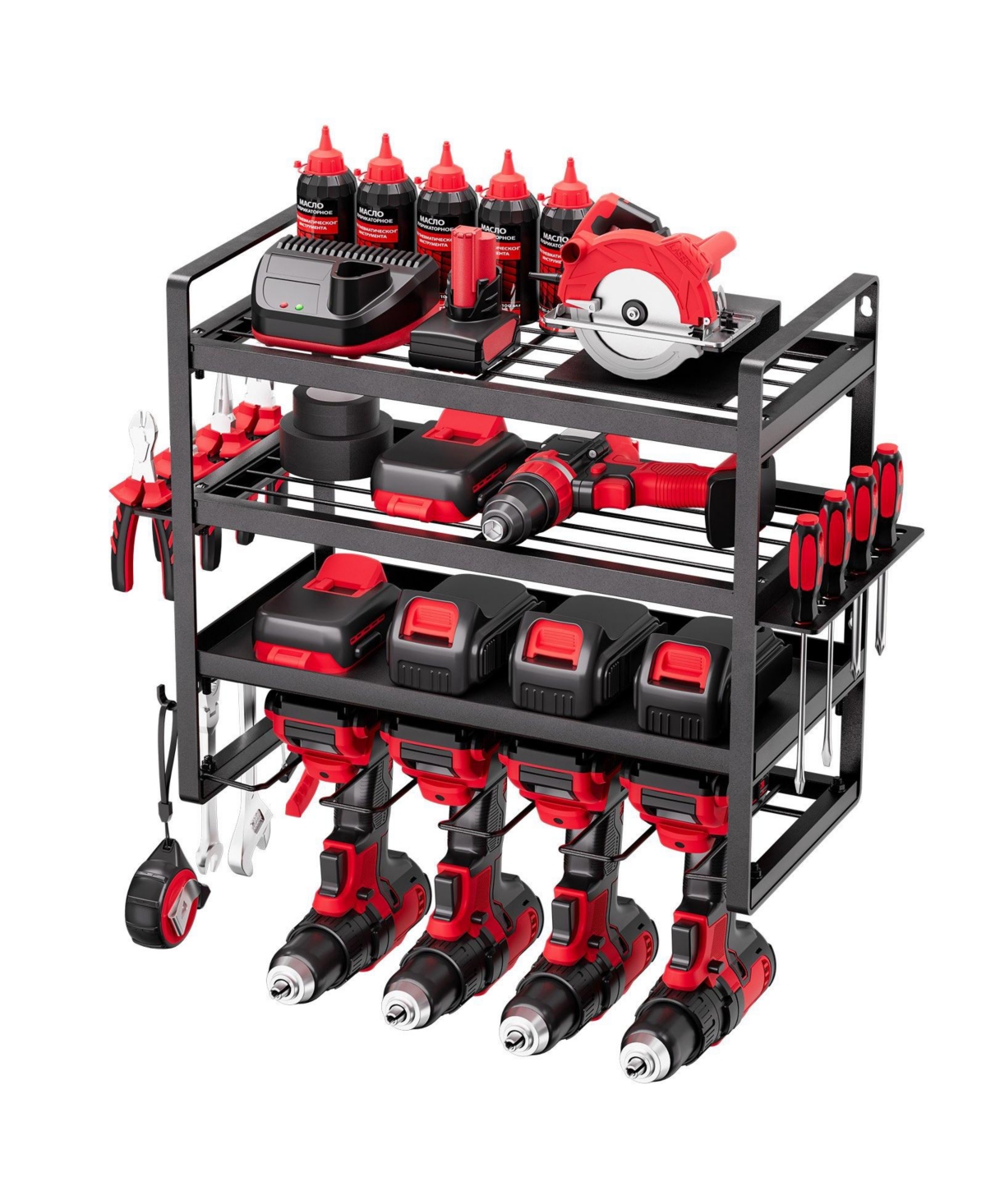 Mecale Wall-Mount Power Tool Organizer, 4-Tier Storage Rack with 4 Drill Holders, Screwdriver Holder, Garage Tool Storage Rack
