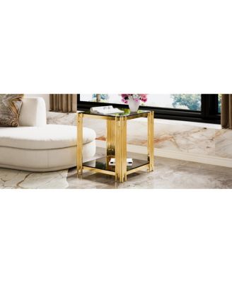 Modern Black Mirror End Table with Gold Finish & Lower Shelf, 19.9