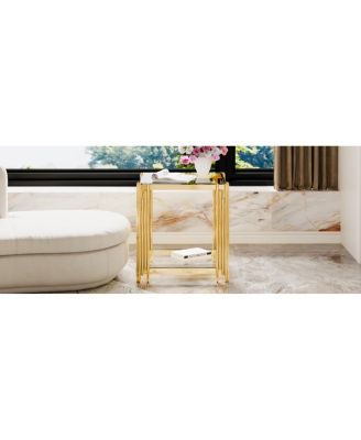 Modern Black Mirror End Table with Gold Finish & Lower Shelf, 19.9