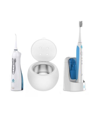 Complete Oral Care Bundle – UV Sonic Toothbrush W 12 Brush Heads, Ultrasonic UV-C Cleaner Pod & Rechargeable Water Flosser