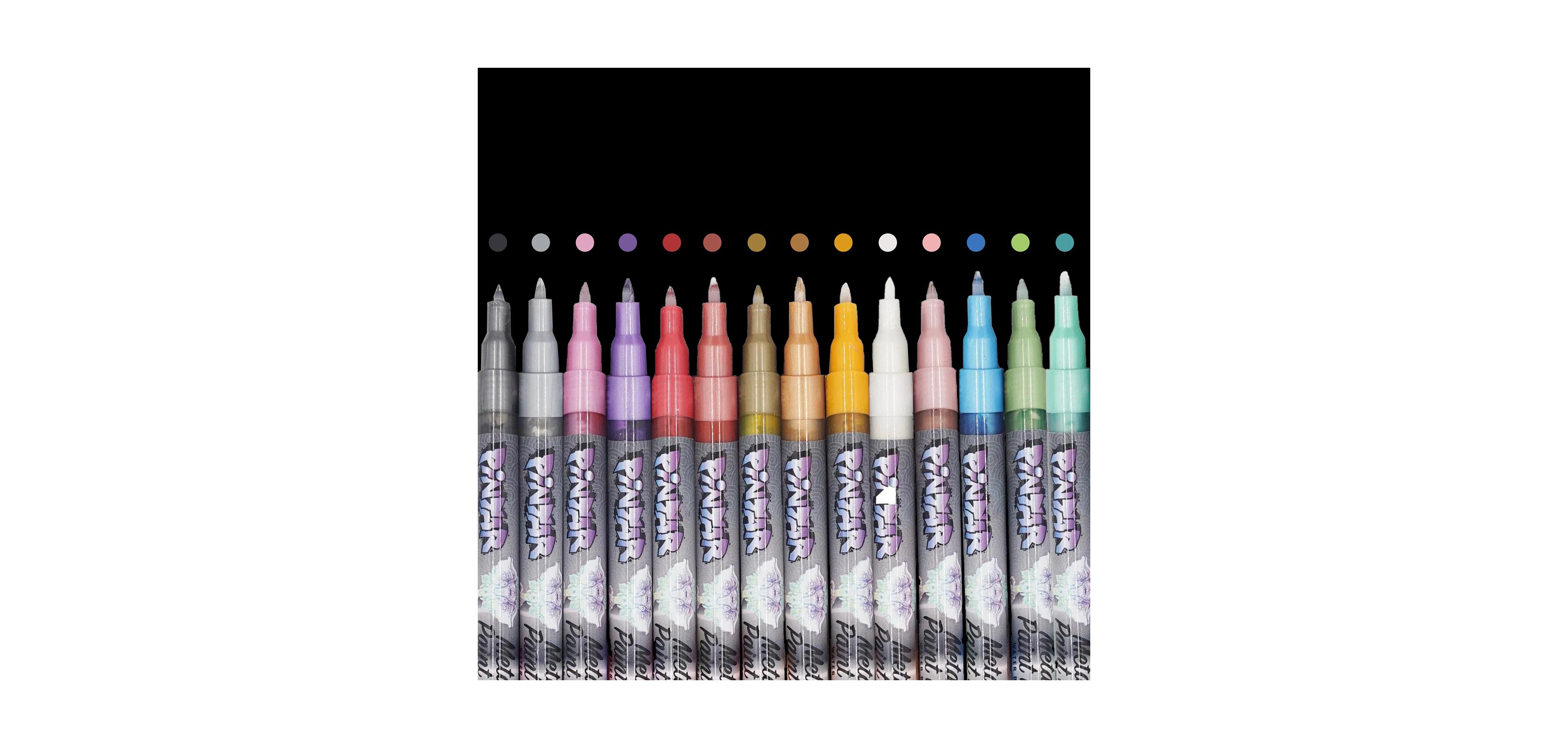 Pintar Metallic Markers Paint - Extra Fine 0.7mm Tip Paint Pens - Acrylic Paint Pens for Rock Painting, Wood, Glass, Leather, Shoes - Pack of 14