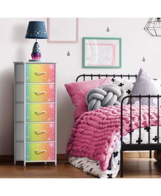 Narrow 5 Drawers Nightstand with Steel Frame, Wood Top, Easy Pull Fabric Bins