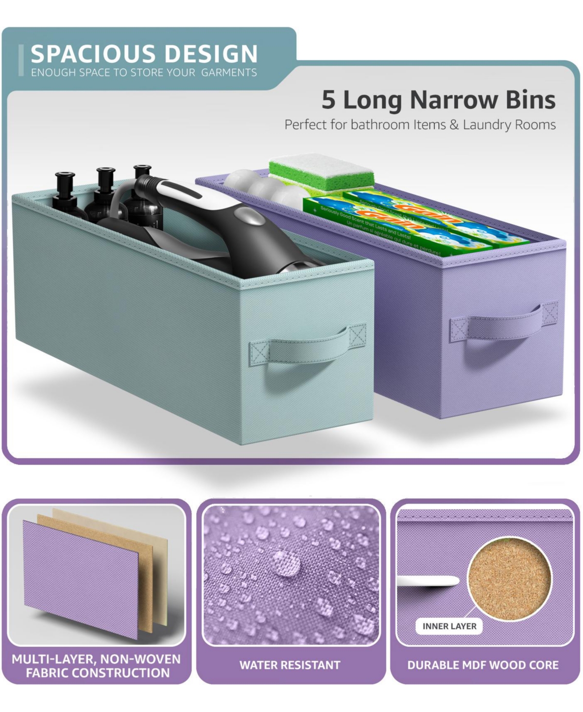 Sorbus Narrow Dresser with 5 Drawers - Steel Frame, Wood Top & Easy Pull Fabric Bins