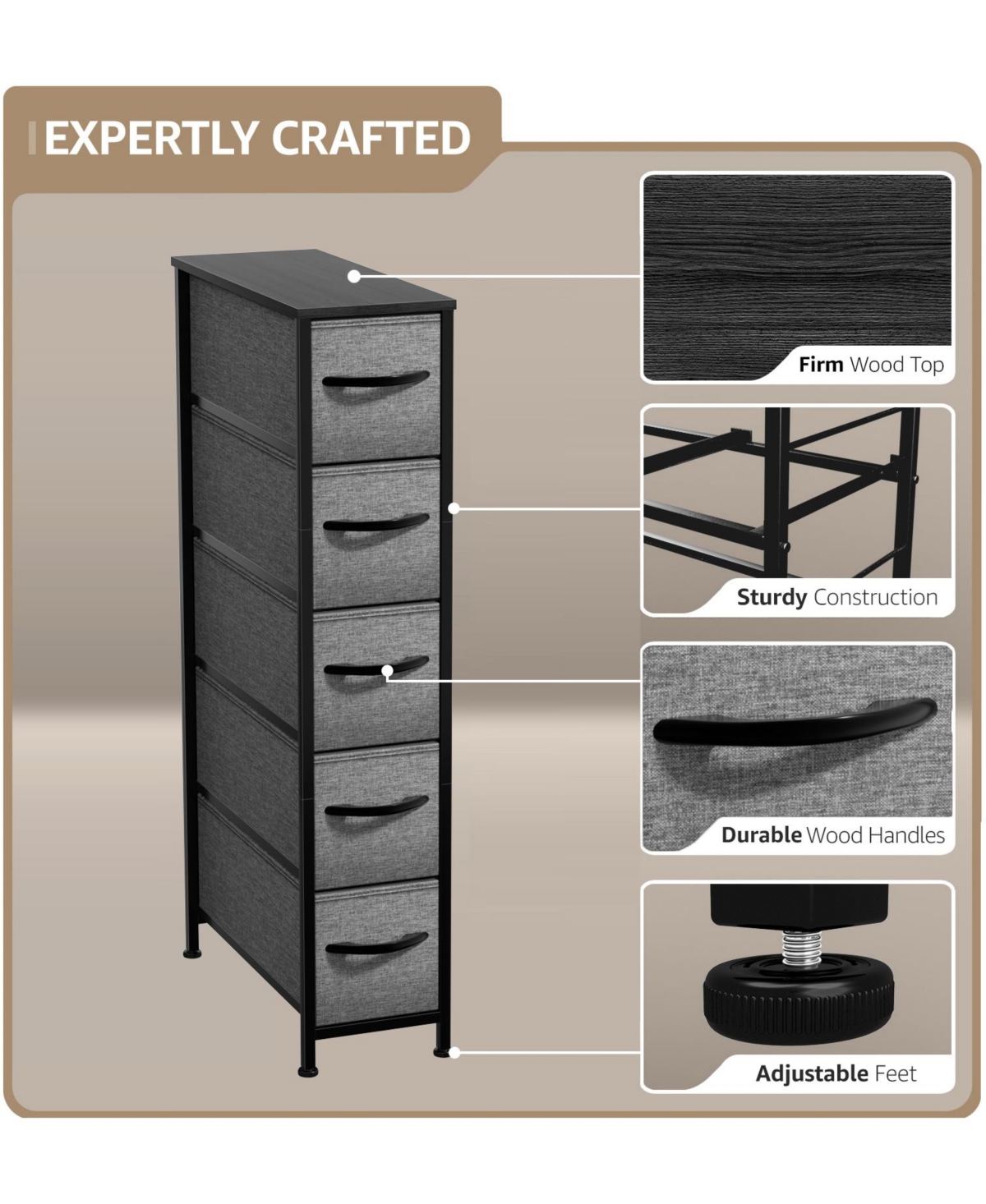 Sorbus Narrow Dresser with 5 Drawers - Steel Frame, Wood Top & Easy Pull Fabric Bins