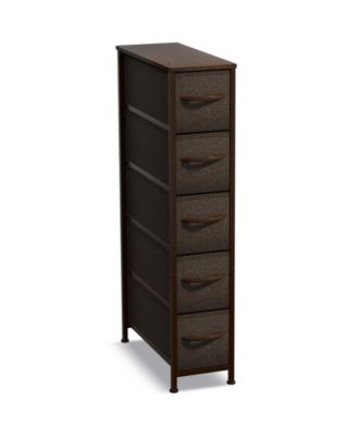 Narrow Dresser with 5 Drawers - Steel Frame, Wood Top & Easy Pull Fabric Bins