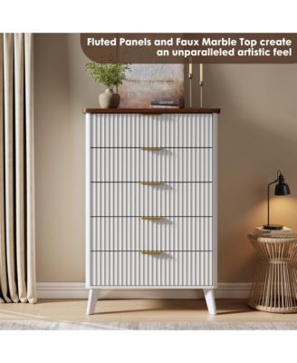 Fluted Dresser for Bedroom, 5 Deep Drawer Modern Wood Storage Chest, White