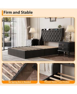 Wingback Headboard 4-Drawer Velvet Upholstered Platform Bed Frame with Charging Station