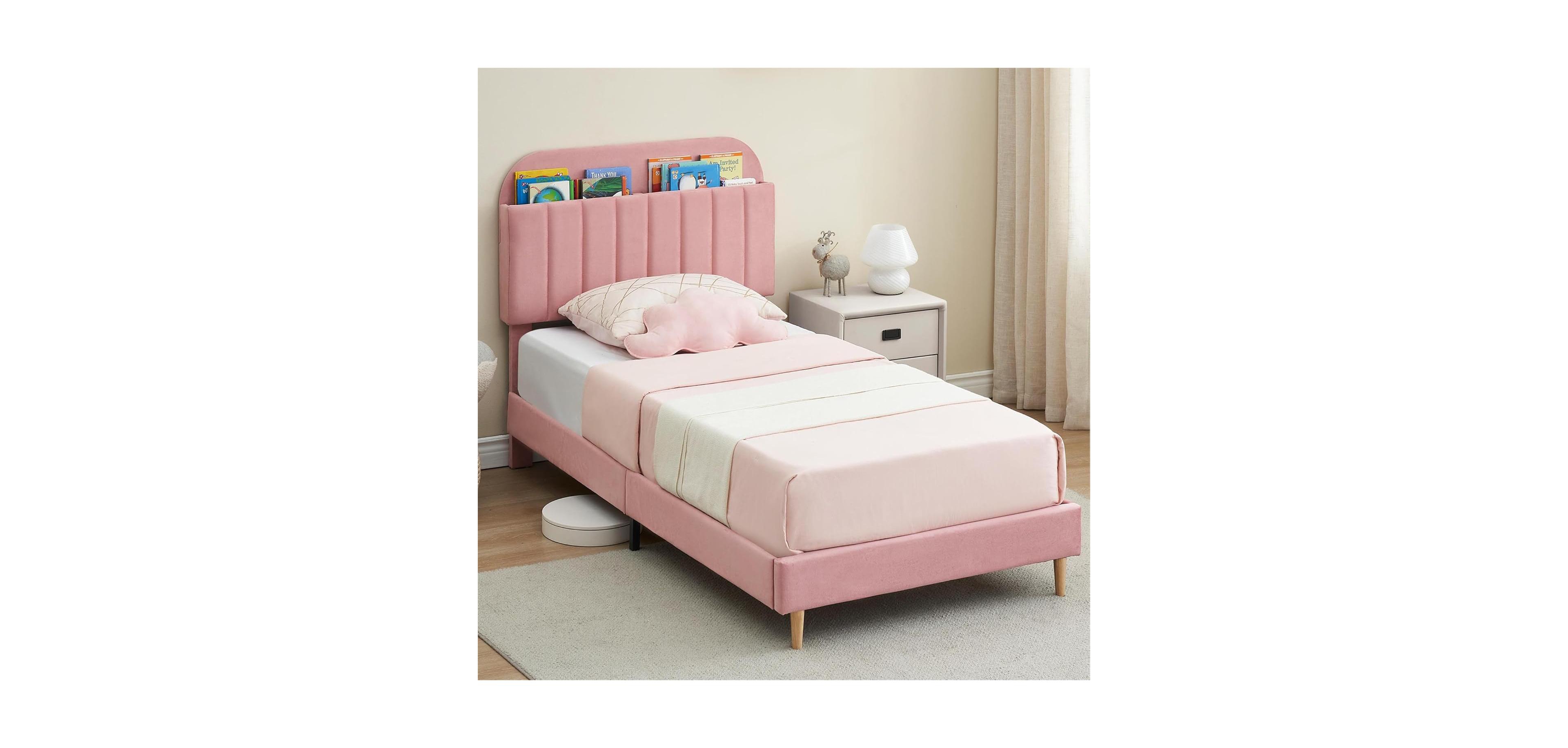 gaomon Bed Frame with Storage Headboard Velvet Upholstered Platform Bedframe for Kids/Girl Strong Wooden Slats Noise-Free Easy Assembly