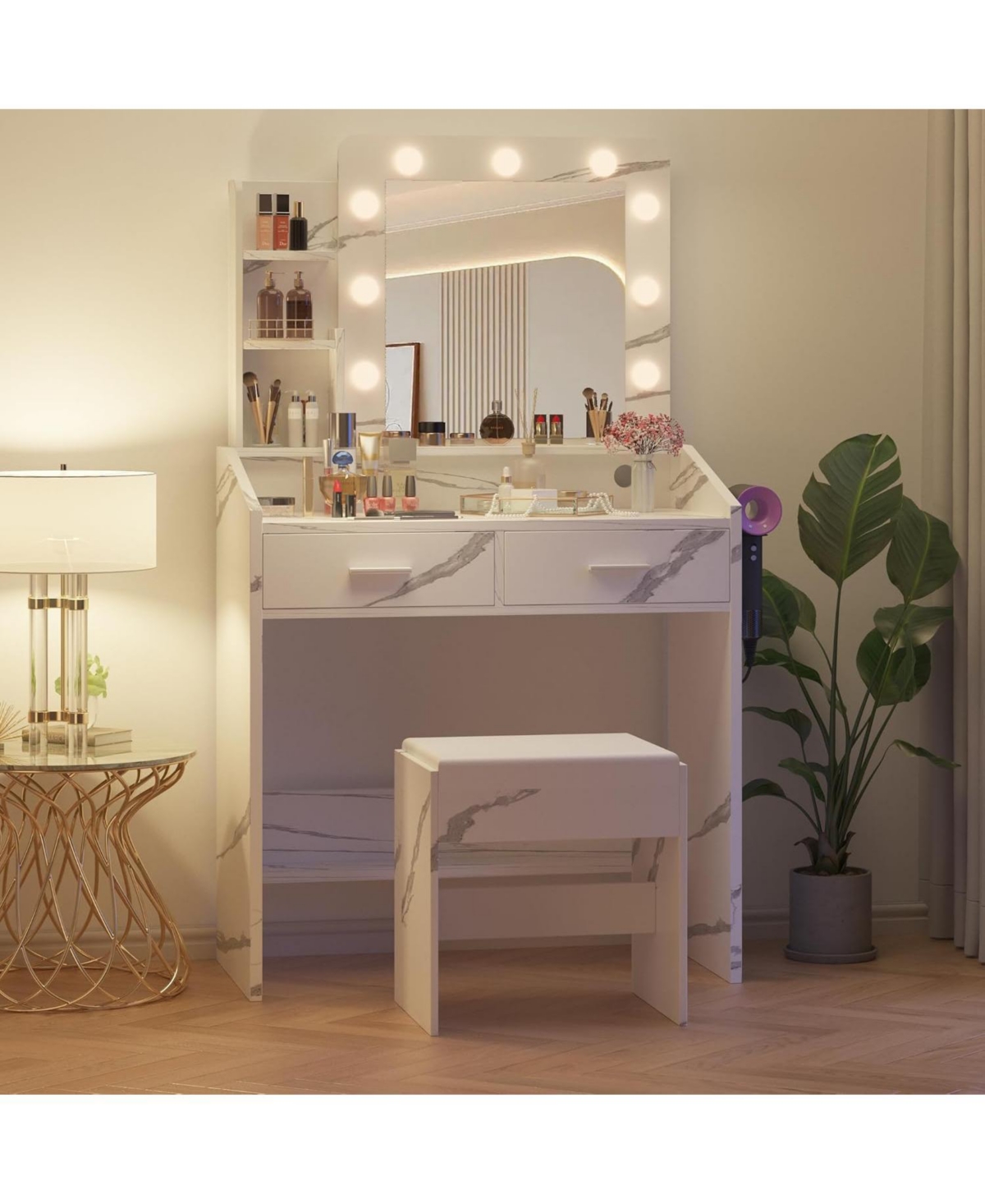 gaomon Vanity Desk with Mirror and Lights, Makeup Vanity with Power Outlet, White