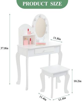 Kids Vanity Set with Light, Girls Vanity with Mirror, Stool and Drawer, White