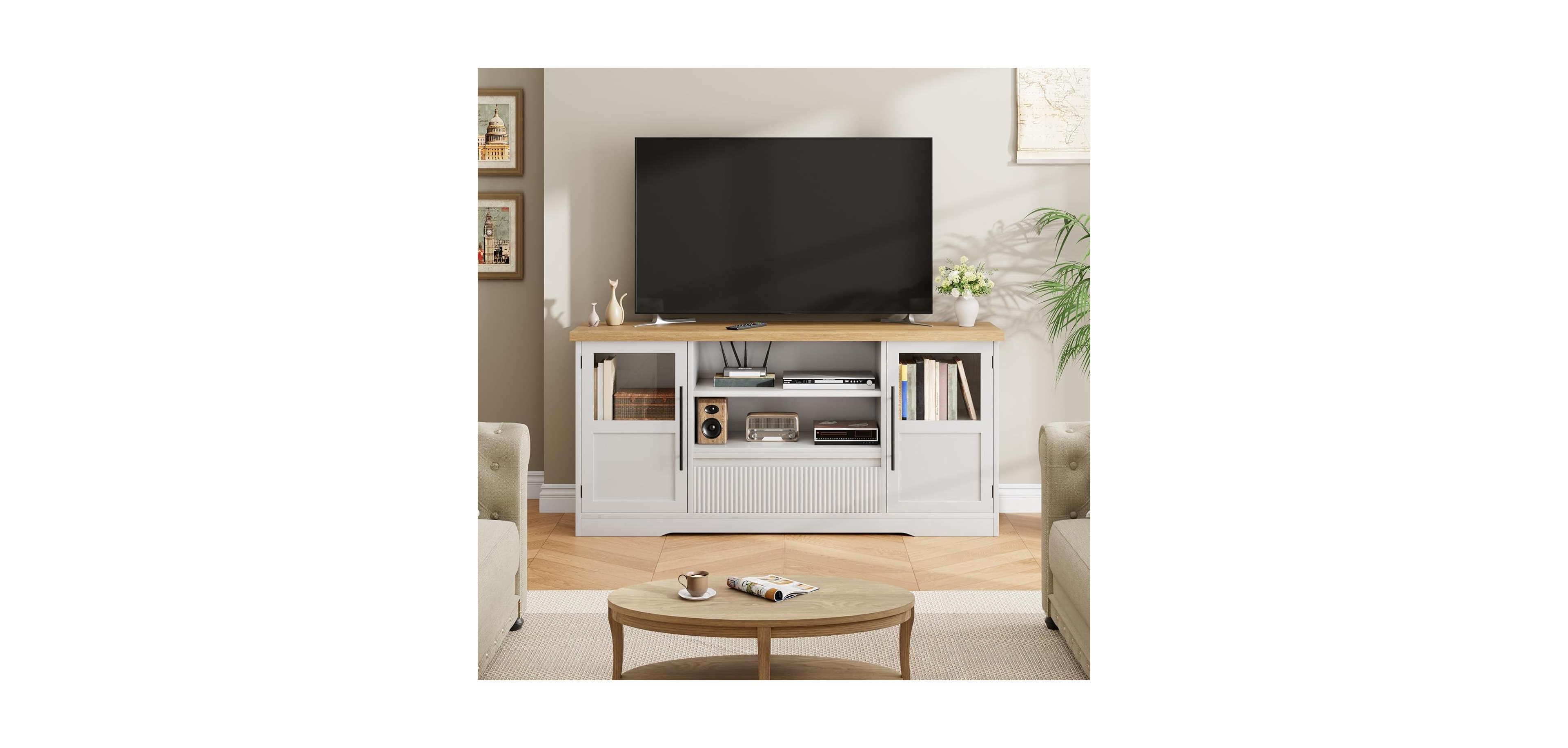 gaomon 72" Farmhouse Tv Stand, Entertainment Center with Wave Pattern, Glass Door Cabinets and Open Storage, White