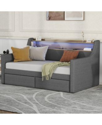Daybed with Storage Drawers, Upholstered Daybed with Charging Station and LED Lights