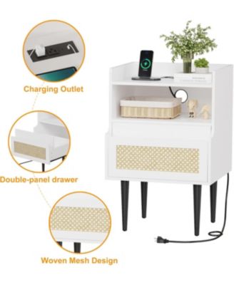 Nightstand Set of 2, Rattan End Table with Charging Station, 2 Open Shelves Beside Table with Drawer and Solid Legs, White