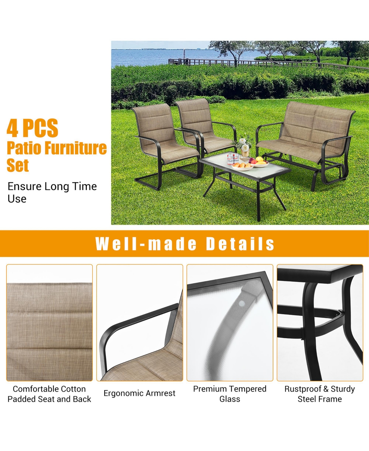 Costway 4 Pcs Outdoor Patio Furniture Set Padded Chairs Glider Loveseat Coffee Table