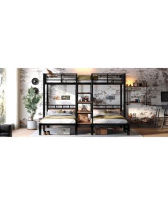 Triple Metal Bunk Bed with Shelves & Stairs