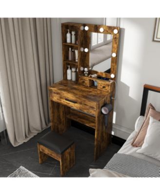 Streamdale Vanity Table with LED Lights, Outlet, Stool - Compact Dressing Desk (Vintage