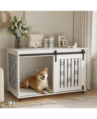  Dog Crate with Metal Bars and Lockable Wheels in White