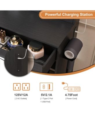 Vanity Table with LED Lights, Power, Hairdryer Holder & Stool - Black