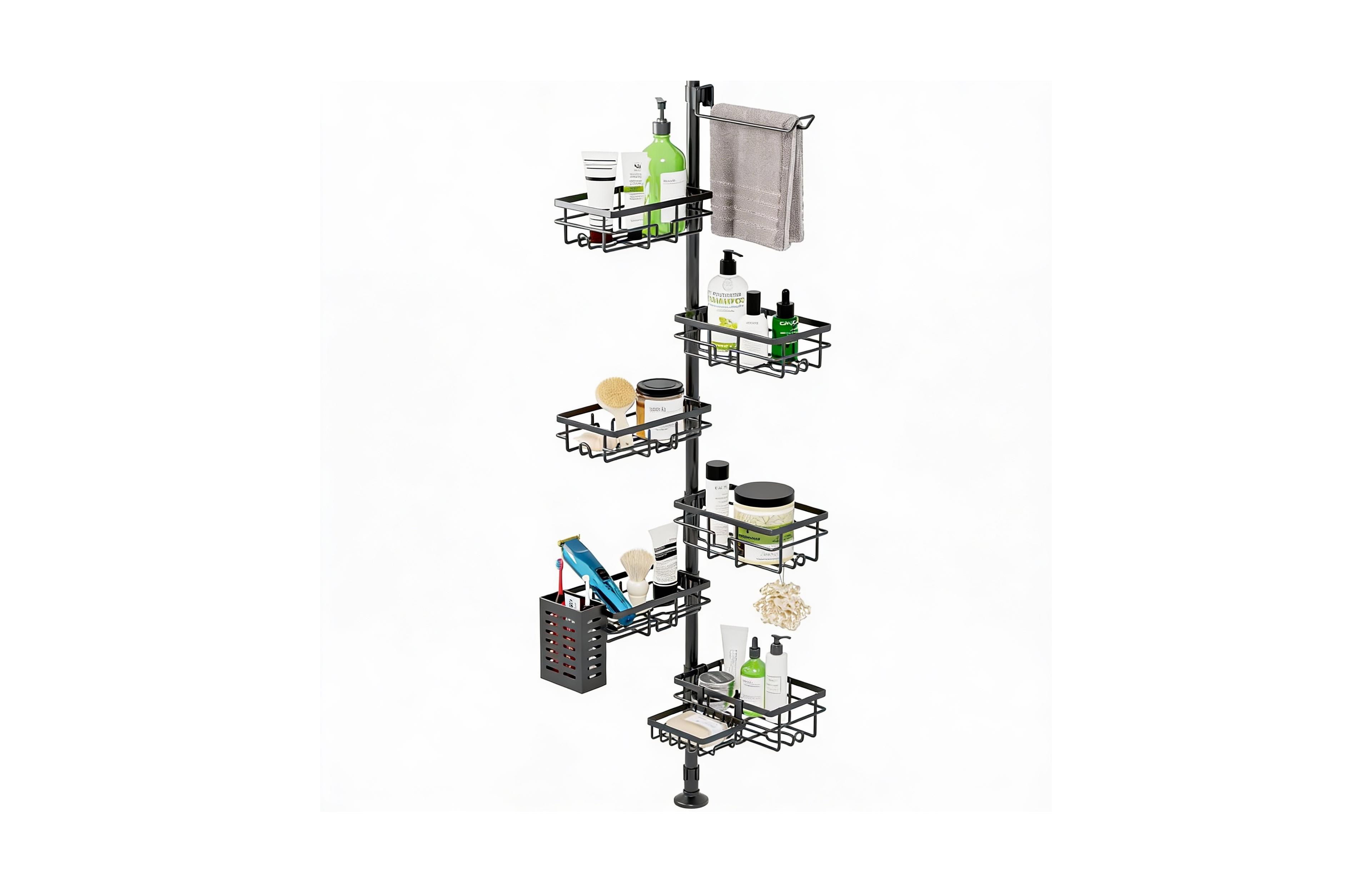 Adjustable Shower Caddy with 6 Baskets, Towel Rack, Toothbrush Case