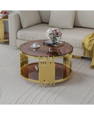 31.5" Modern Gold Coffee Table, Brown Tempered Glass, Stainless Steel Legs