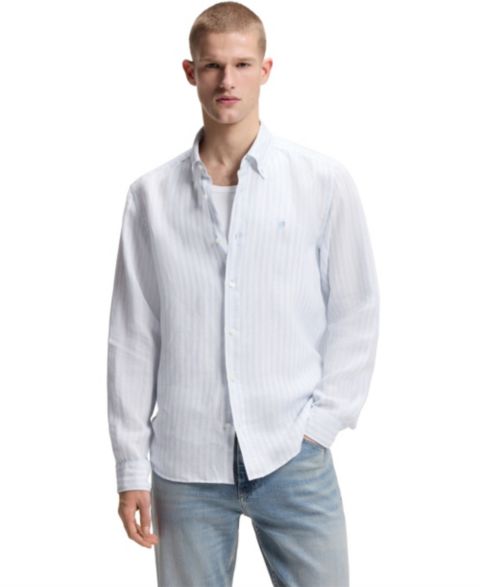 Мужская рубашка Hugo Boss Regular-Fit Striped Linen Dress Shirt, цвет: Синий