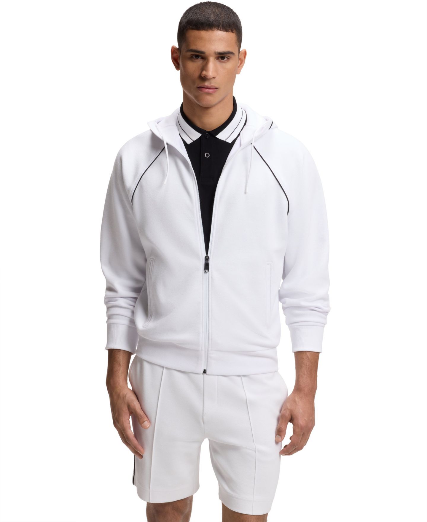 Мужское худи Hugo Boss Cotton-Blend Piping Detail Zip-Up, цвет: Белый — фото 1