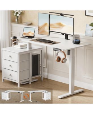 47x24" Sit-Stand Desk Height Adjustable Computer Desk with 2 Hooks, Storage Drawers, Printer Cabinet, Brown