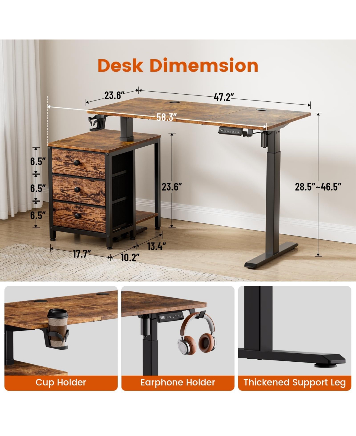 Homlux 47x24" Sit-Stand Desk Height Adjustable Computer with 2 Hooks, Storage Drawers, Printer Cabinet, Brown