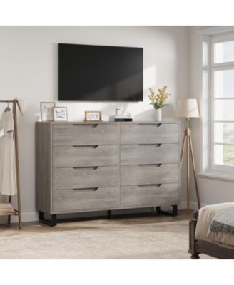 Farmhouse TV Stand with 8 Drawers, 55" Wide Entertainment Center for TVs up to 75 Inch with Metal Legs