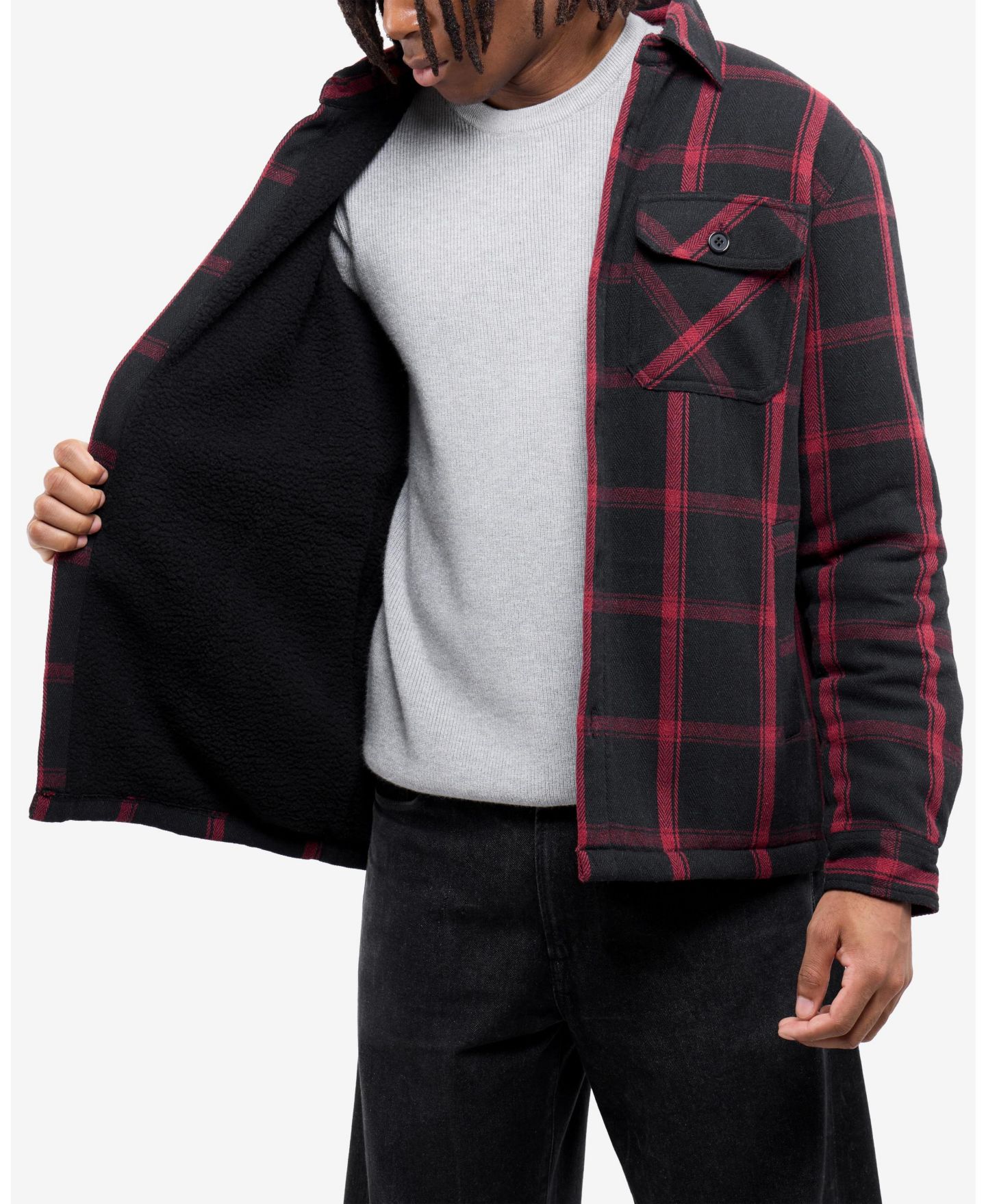 Мужская куртка XRAY Cotton Plaid Flannel Button-Up Shirt Jacket With Faux Shearling Lining, цвет: Чёрный / Бордовый — фото 5