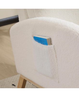  Modern Accent Rocking Chair with Solid Wood Legs and Side Pocket (White, teddy