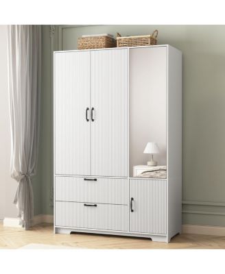 Streamdale 4-Door Wardrobe w/ Mirror, LED, 2 Drawers, Rod, Shelves, White