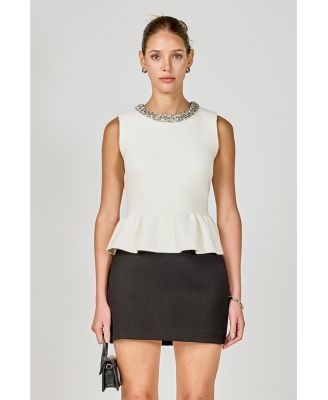 Women's Jewel Trim Neck Peplum Knit Top