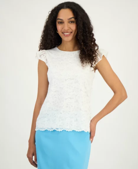 Women's Lace Flutter-Sleeve Top, Regular & Petite - Lily White