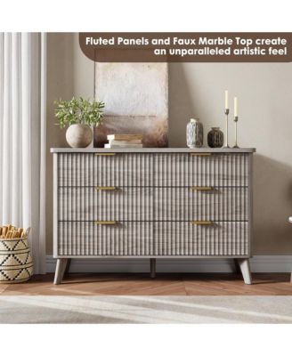 Fluted Dresser for Bedroom, 6 Deep Drawer Modern Wood Storage Chest, Grey