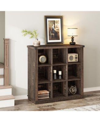 9-Cube Storage Organizer Bookcase, 37.4" Long Low 4-Tier Farmhouse Wood Shelf for Entryway & Living Room, Black