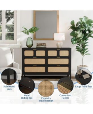 6-Drawer Dresser, Rattan Storage Chest with Metal Handles & Wood Legs for Bedroom, Black