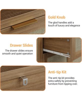 47" Rattan Buffet Sideboard Cabinet, Boho Credenza with Drawers and Doors for Living Room, Brown