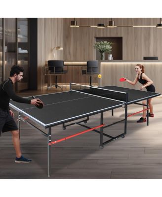 8FT Indoor Table Tennis Table Set with Foldable MDF Surface, Portable Ping Pong Table with Net, 2 Paddles and 3 Balls for Home Use
