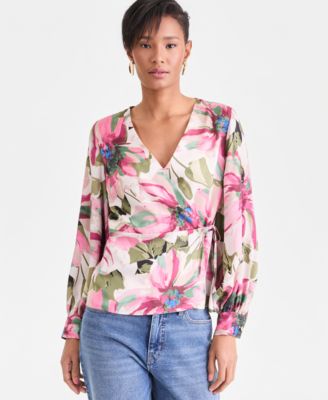 Women's Long Sleeve Printed Wrap Blouse