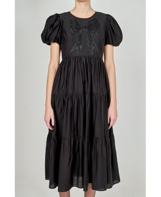 Women's Bow Puff Sleeve Midi Dress